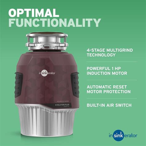 Scheda caratteristiche InSinkErator Evolution Plus 1000: tecnologia MultiGrind a 4 stadi, motore a induzione 1 HP, protezione con reset automatico, interruttore pneumatico integrato