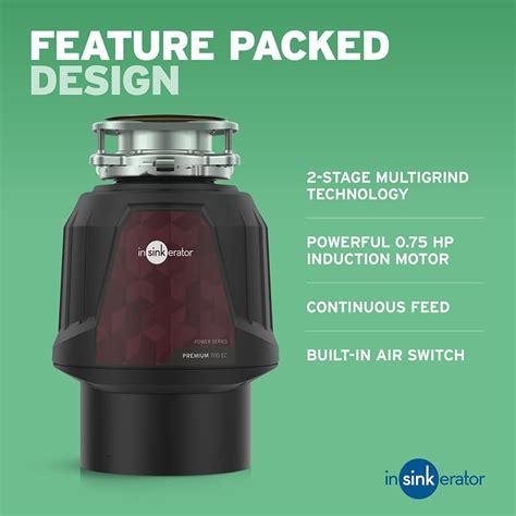 Scheda caratteristiche InSinkErator Premium 700: tecnologia MultiGrind a 2 stadi, motore a induzione 0,75 HP, alimentazione continua, interruttore pneumatico integrato