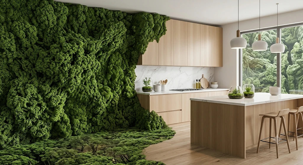 Cucina moderna con parete verde in muschio: la sostenibilità entra nella vita quotidiana